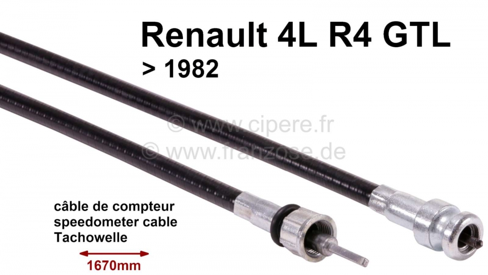 Renault - Snelheidsmeterkabel. Lengte: 1670 mm. Geschikt voor Renault R4 GTL, tot modeljaar 1982.