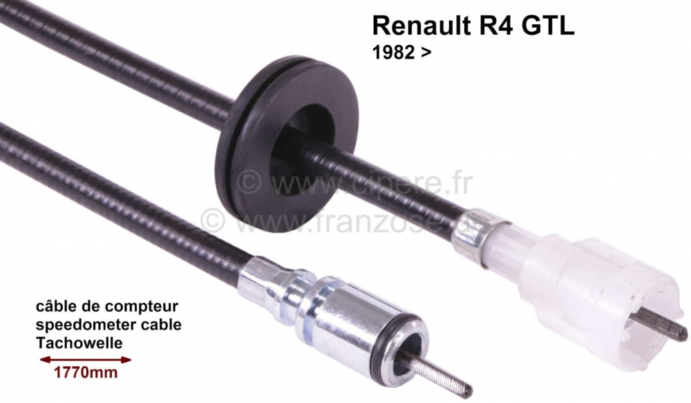 Renault - Snelheidsmeterkabel. Lengte: 1770 mm. Geschikt voor Renault R4 GTL, vanaf modeljaar 1982.