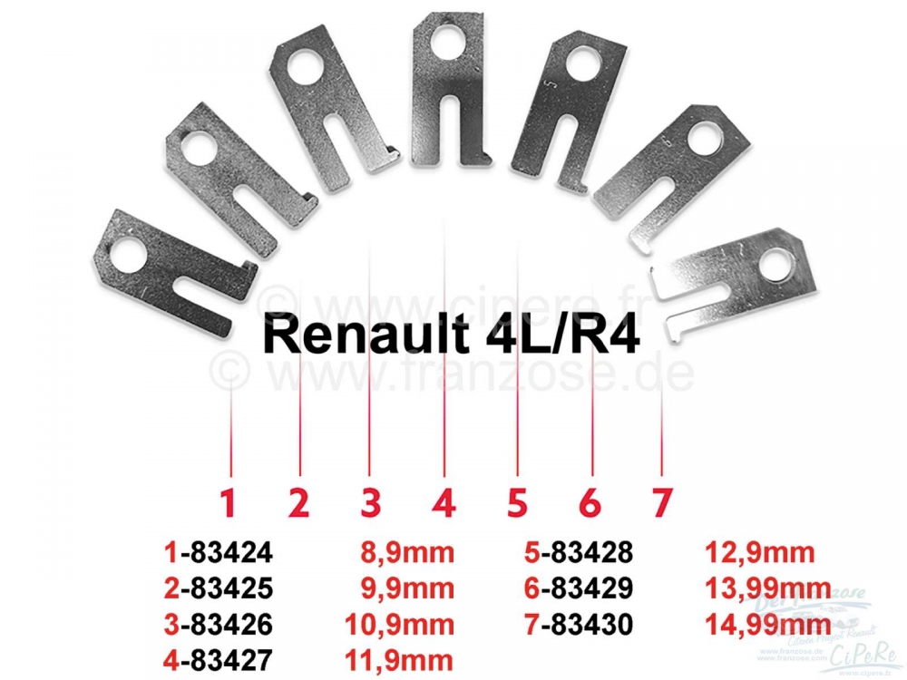 Renault - R4, set stelschijven voor stuurversnelling (7 stuks). Afmetingen van 8,9 tot 14,99 mm. Met