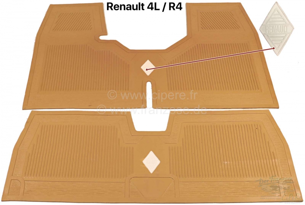 Renault - R4, rubberen matten voor + achter. Hoge kwaliteit, met embleem. Kleur: beige