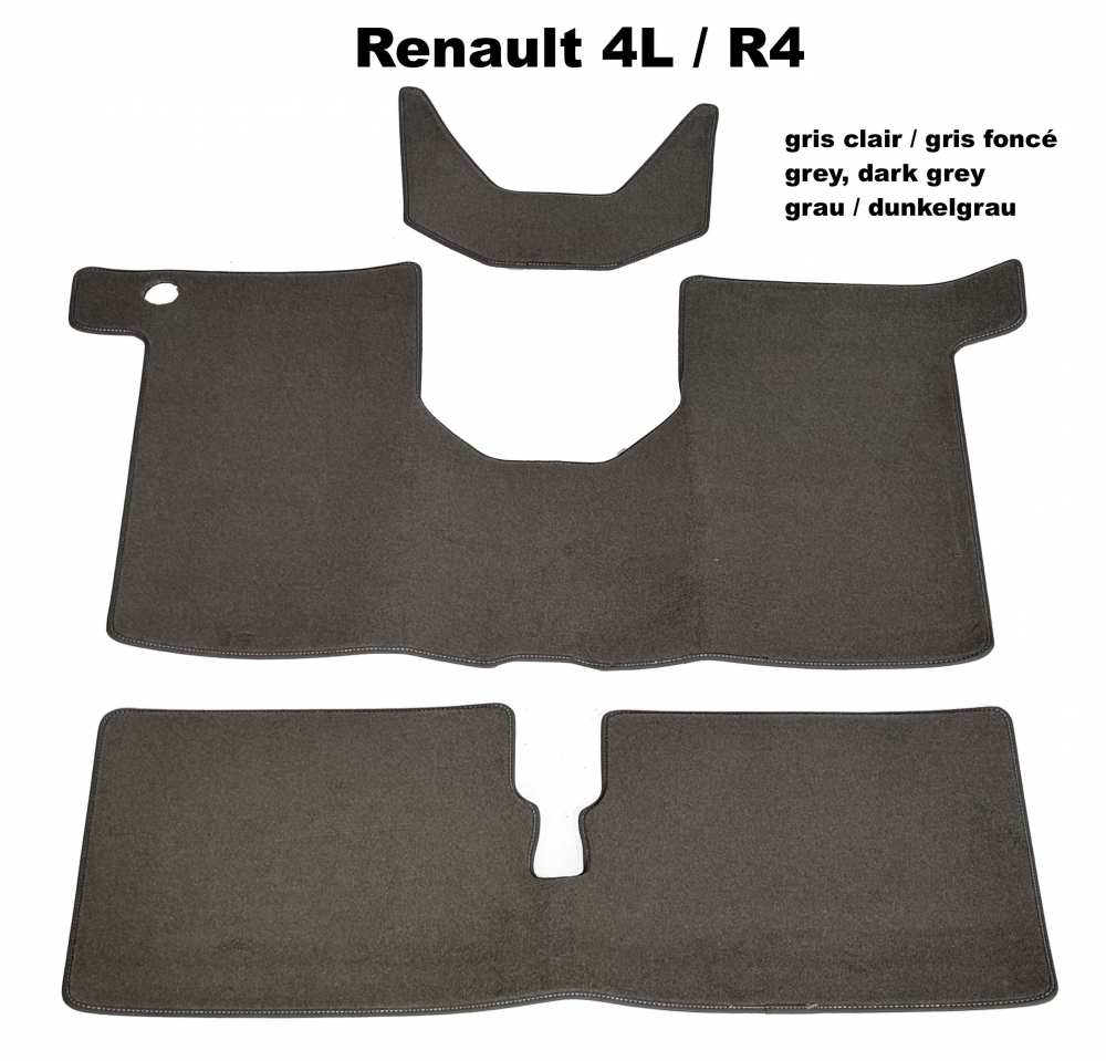 Renault - R4, tapijtset. Velours grijs (voor + achter + kofferbak). Geschikt voor Renault R4.