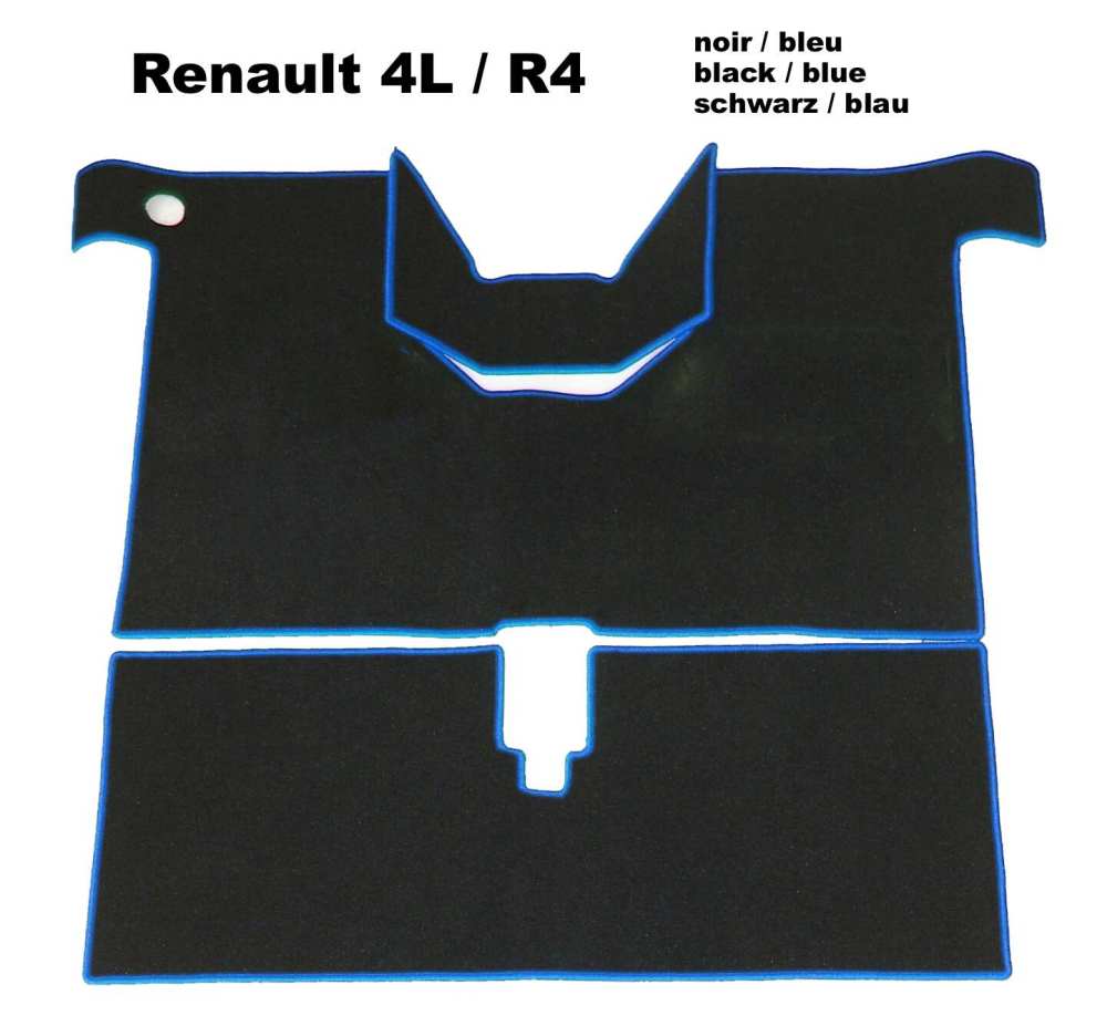 Citroen-2CV - R4, tapijtset. Zwart velours, blauwe rand (voor + achter + kofferruimte). Geschikt voor Re