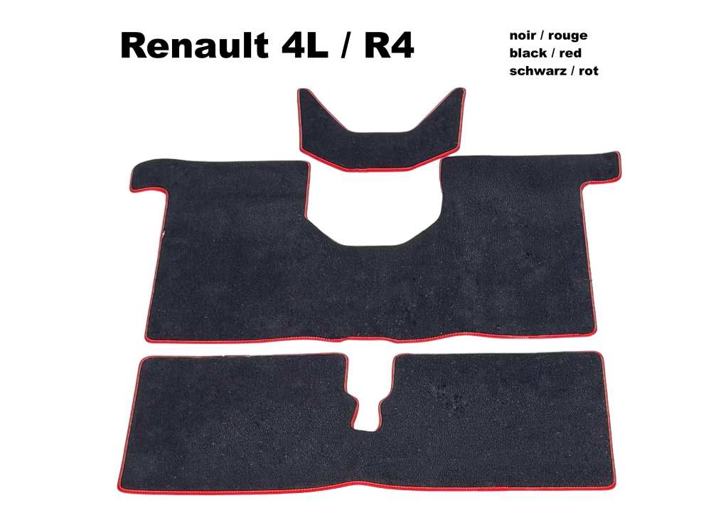 Peugeot - R4, tapijtset. Zwart velours, rode rand (voor + achter + kofferbak). Geschikt voor Renault