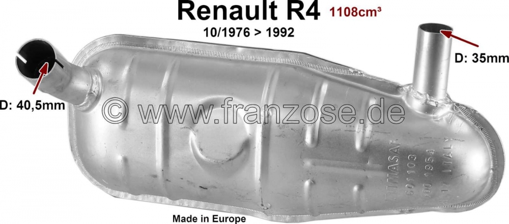 Alle - R4, (1108ccm), voorste uitlaatdemper (onder het spatbord). Geschikt voor Renault R4, vanaf