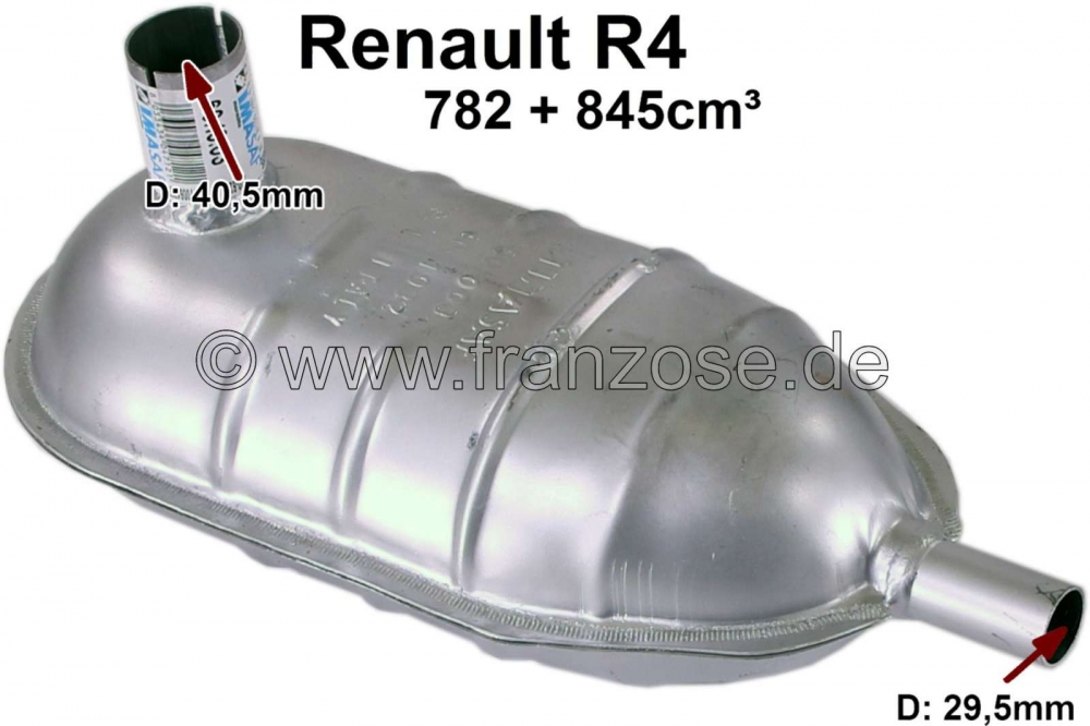 Renault - R4, (782 + 845cc). Uitlaatdemper voor (onder het spatbord). Geschikt voor Renault R4, vana