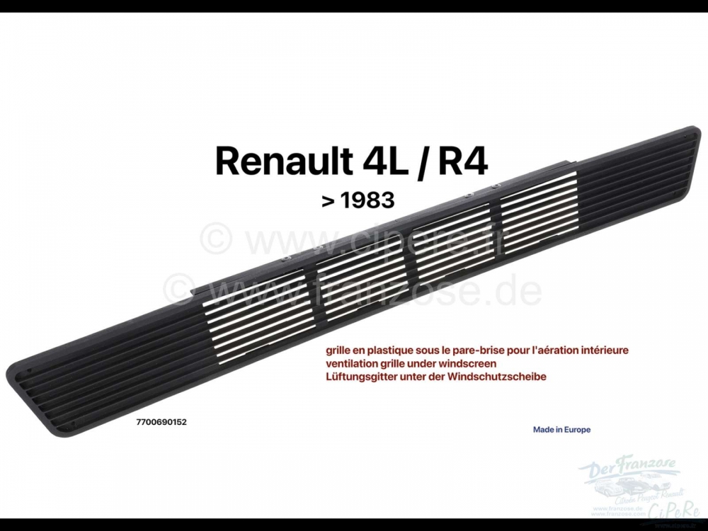 Renault - R4, ventilatierooster onder voorruit (oud model, gemaakt van kunststof). Geschikt voor Ren