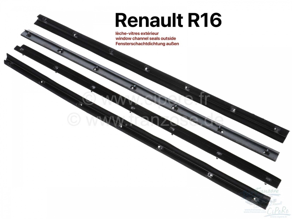 Renault - R16, raamrubbers, 4 stuks, incl. bevestigingsclips. Geschikt voor Renault R16.