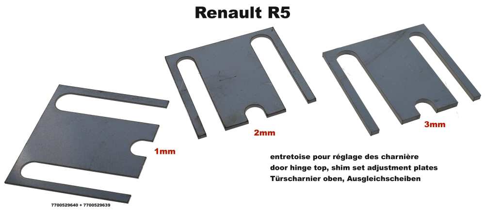 Renault - R5, bovenste deurscharnier, vulplaten set (stelplaatjes). Geschikt voor het bovenste deurs