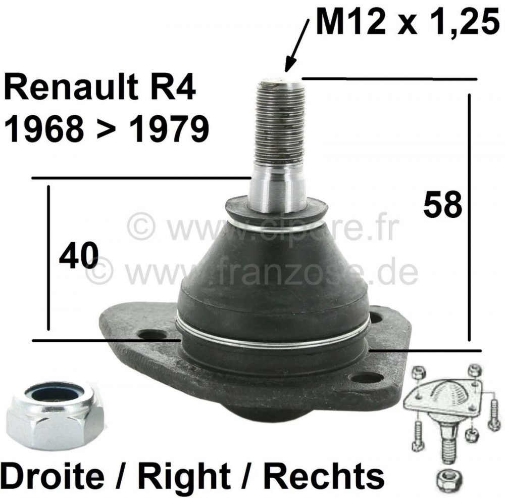 Renault - R4/R5/R6, steun - geleidingsscharnier rechtsonder, voor Renault R4 + R5, R6. Geïnstalleer