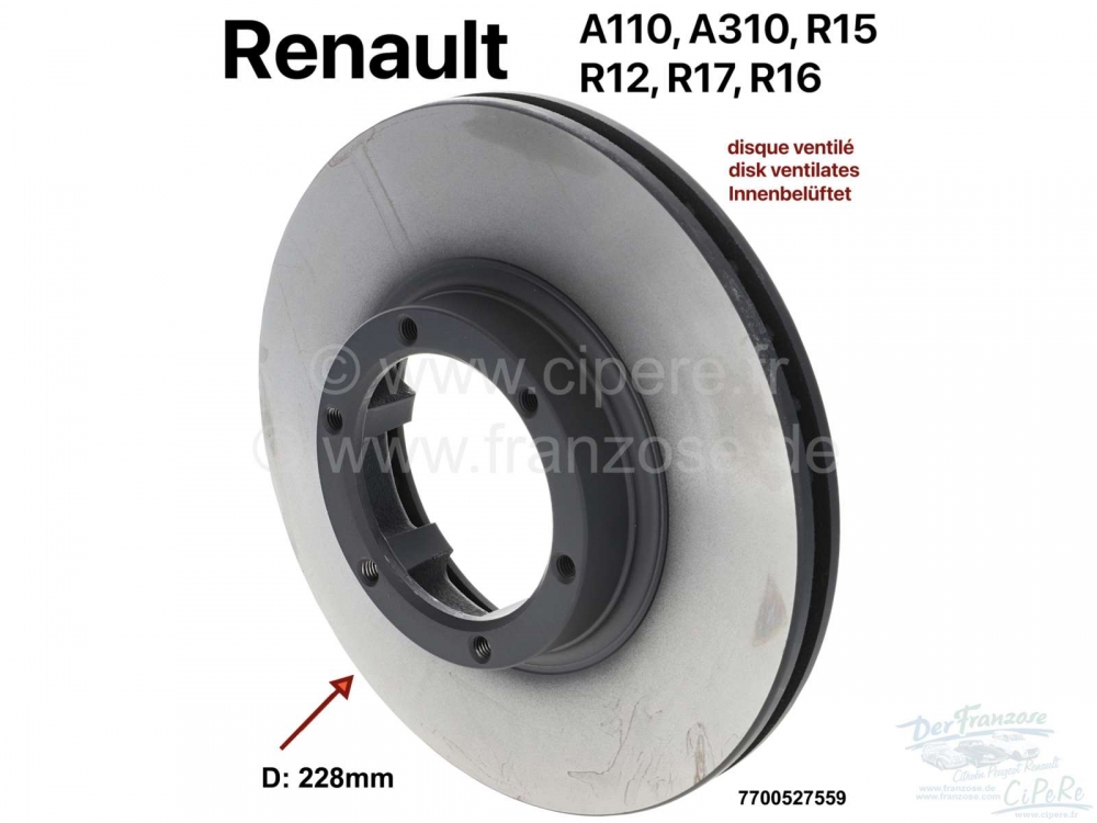 Renault - Inwendig geventileerde remschijf (per stuk). Geschikt voor Renault Alpine A110, A310 2,7L.