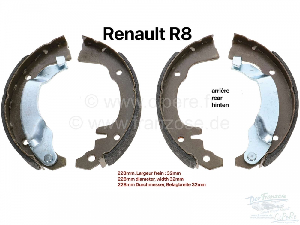 Renault - R8, achterremschoenen. Diameter 228mm. Pad breedte: 32mm. Geschikt voor Renault R8.