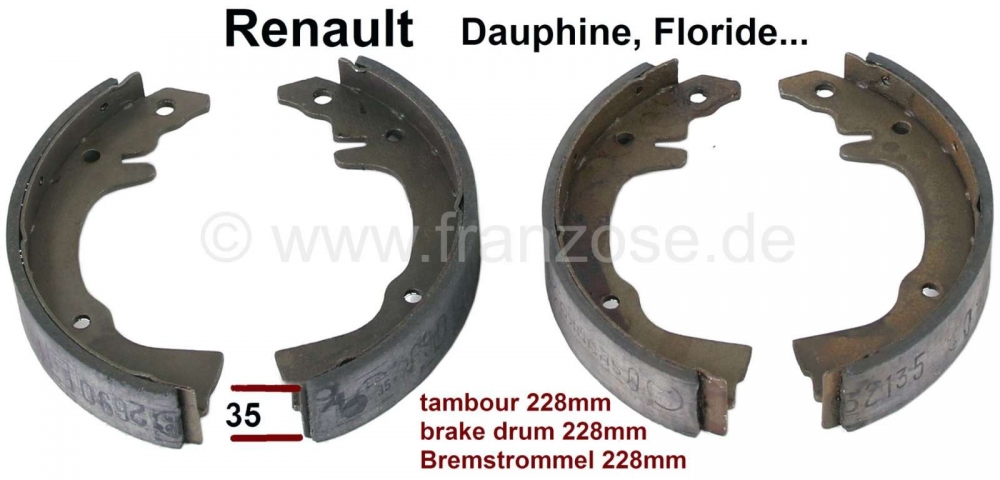 Renault - Remschoenen (1 set). Geschikt voor Renault Dauphine, Juva, Dauphinose. Diameter remtrommel
