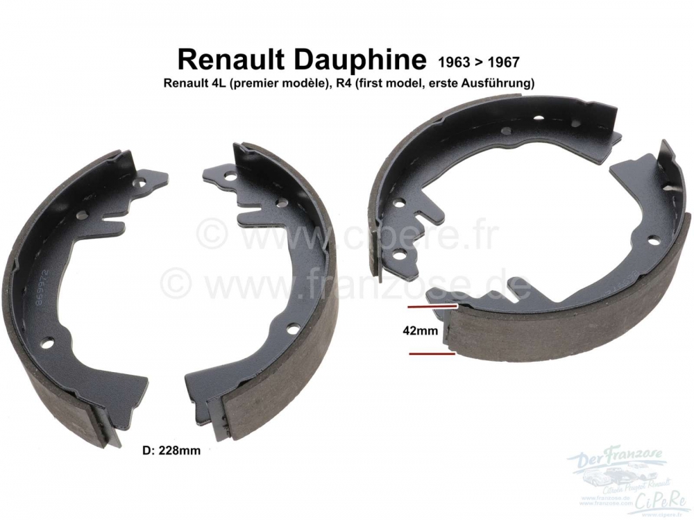 Renault - Remschoenen voor (1 set). Remsysteem: Bendix. Geschikt voor Renault Dauphine, van 1963 tot