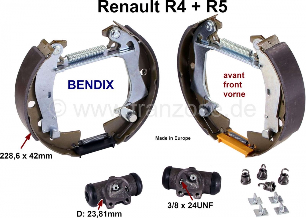 Renault - Remschoenen voor (remset, met 2x wielremcilinders + remschoenen). Remsysteem: Bendix. Gesc