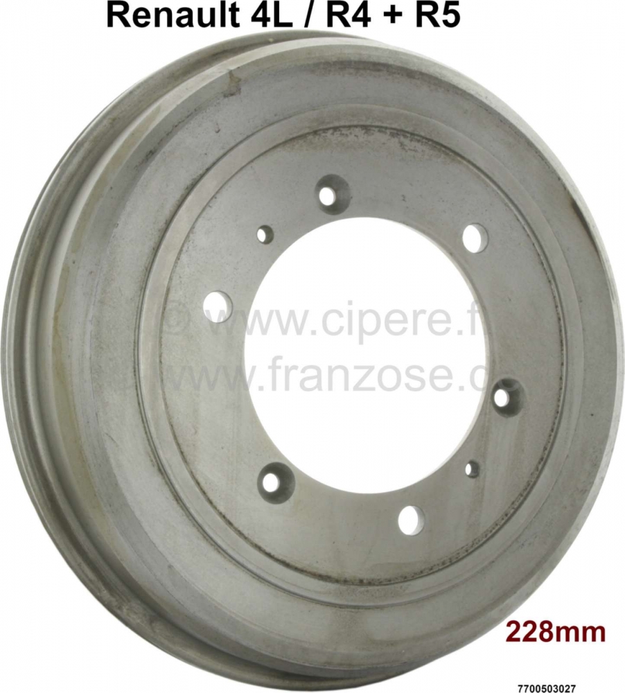 Renault - Remtrommel voor. Geschikt voor Renault R4, R5. Diameter: 228mm. Totale hoogte: 63,5mm. Rem