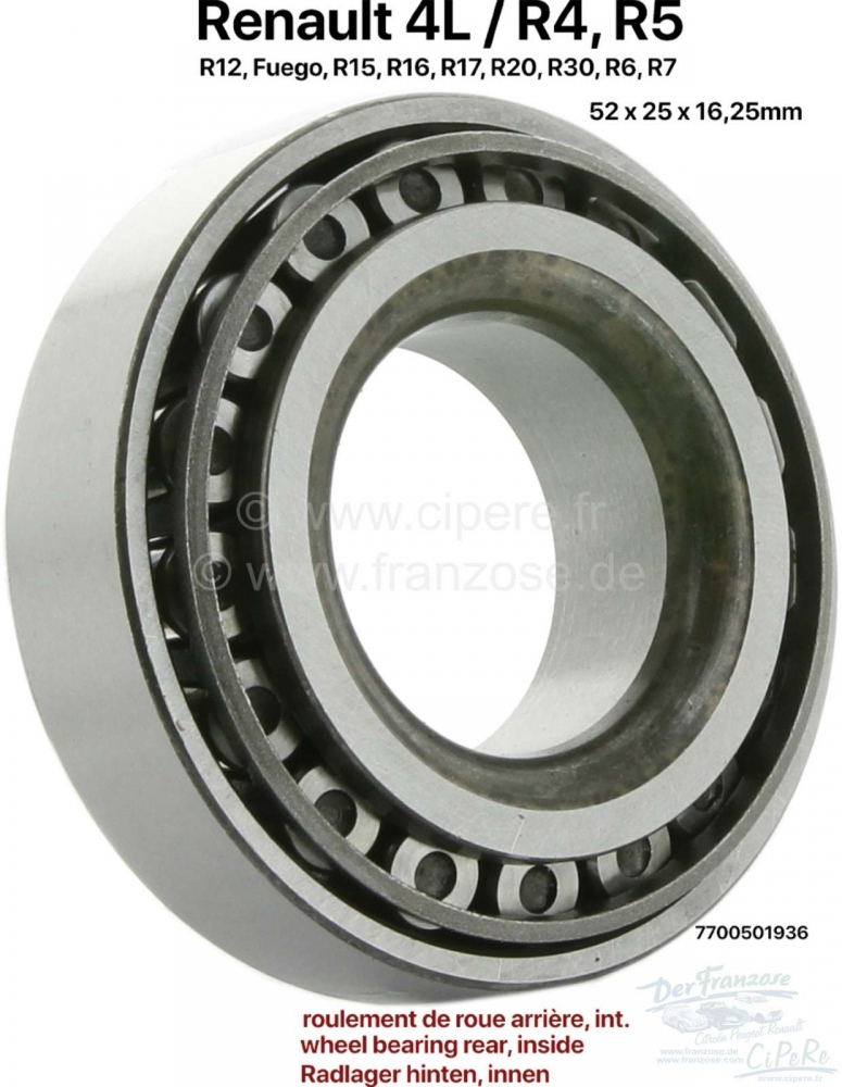 Renault - Achterwiellager, binnenste. Geschikt voor Renault R4, R12, Fuego, R15, R16, R17, R20, R30,