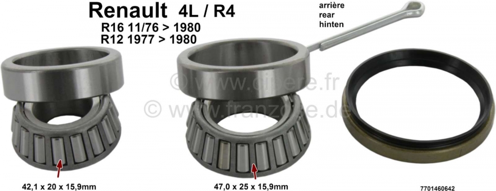 Renault - Achterwiellagerset (reproductie). Geschikt voor Renault R4. R5, R6, R8, Dauphine, R16 alle