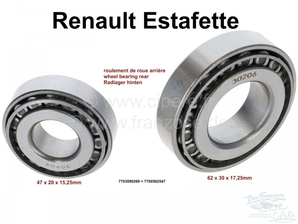 Renault - Set wiellagers achter. Geschikt voor Renault Estafette. Afmeting lager 1: Buitendiameter: 