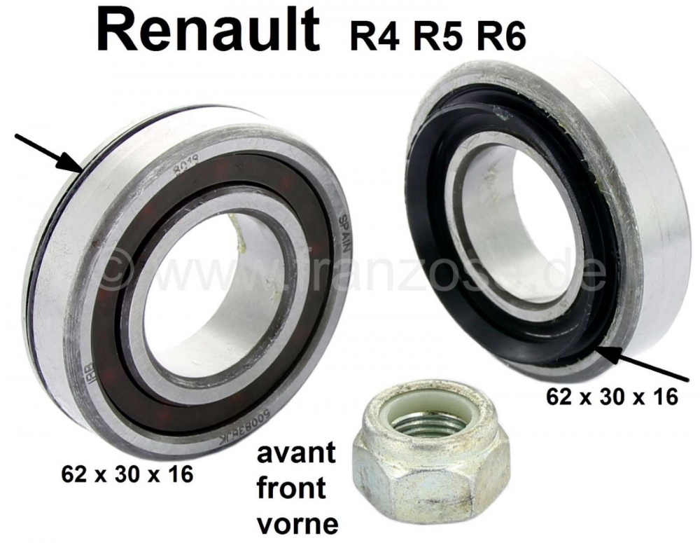 Renault - Voorwiellagerset. Geschikt voor Renault R4, R5, R6. Afmeting lager 1: 62 x 30 x 16. afmeti