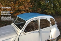 Citroen-2CV - 2CV, blauw (Bleu Azurite) schuifdak. Binnenslot, normale achterruit. Gemaakt in Frankrijk