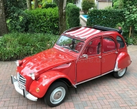 Alle - 2CV, rood-wit gestreepte luifel. De luifel is gemonteerd met het dak open! De ommanteling 