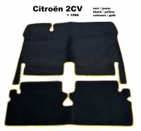 Citroen-2CV - Tapijtset in velours. Kleur: zwart, gele rand, 2-delig. De tapijtset bedekt de hele voetru