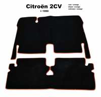 Citroen-2CV - Tapijtset in velours. Kleur: zwart, oranje rand, 2-delig. De tapijtset bedekt de hele voet