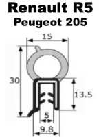 Peugeot - R5, kofferafdichting, per meter. Geschikt voor Renault R5 (Fase 1). Totale breedte: 15,0mm